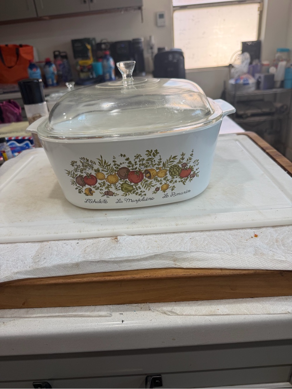 Corningware White Casserole with Fruit Pattern and Clear Glass Lid Spice of Life